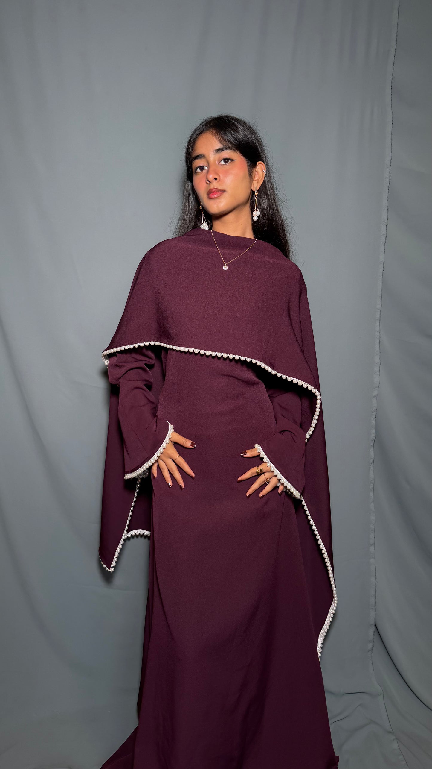 Yalda Pearl Cape Dress - Burgandy
