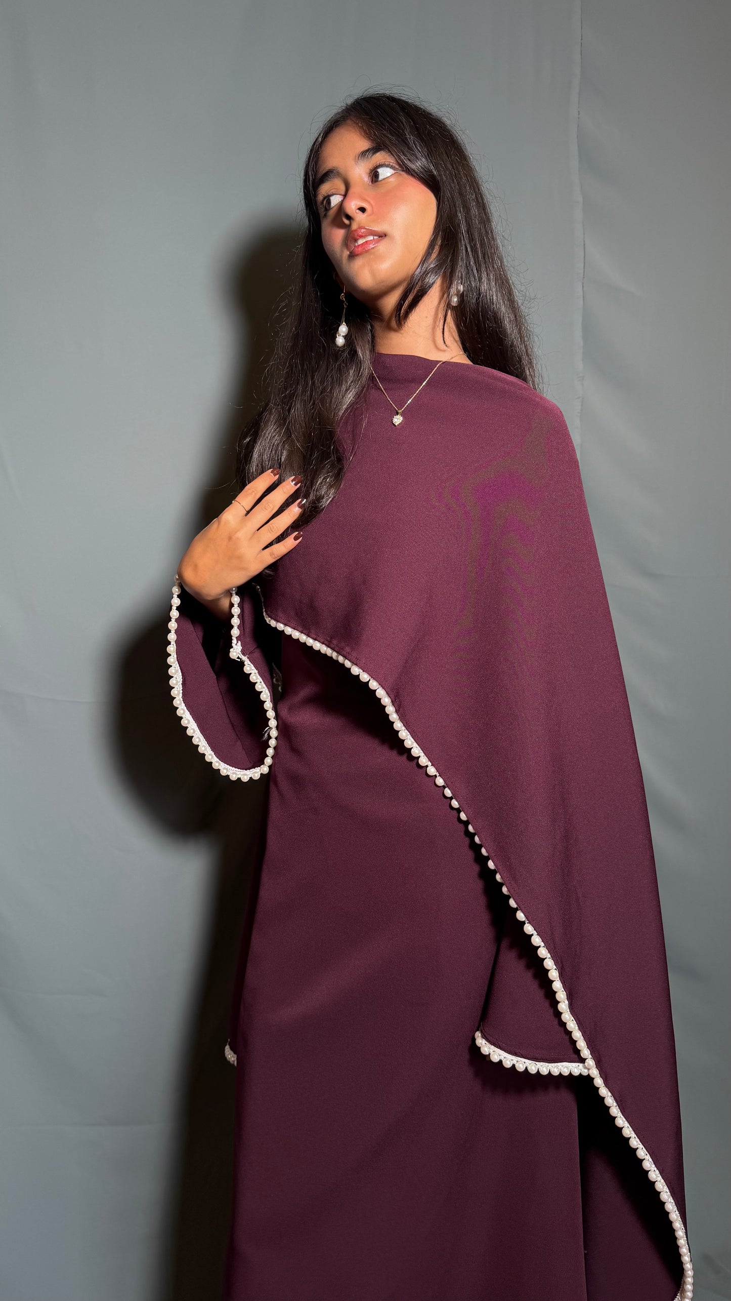 Yalda Pearl Cape Dress - Burgandy
