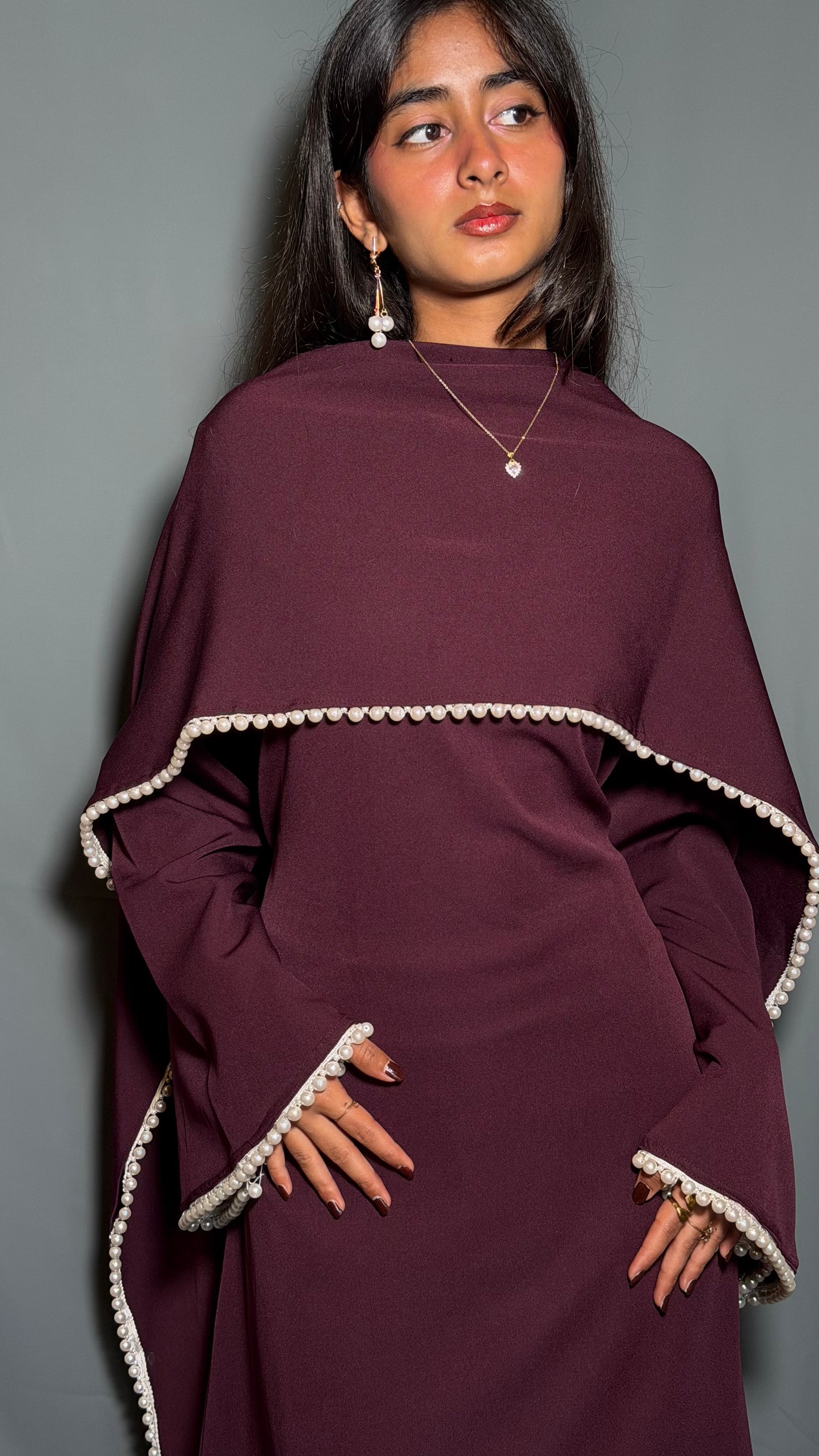 Yalda Pearl Cape Dress - Burgandy