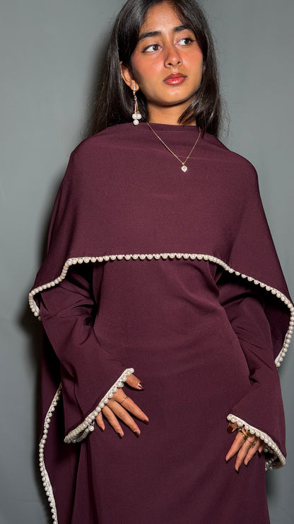 Yalda Pearl Cape Dress - Burgandy