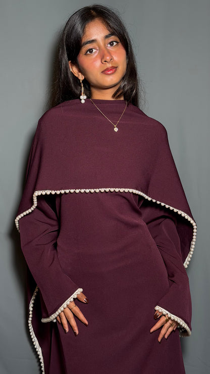 Yalda Pearl Cape Dress - Burgandy
